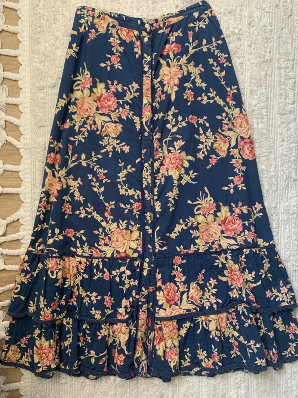 Ralph Lauren Navy Floral Maxi Skirt with Pink and Cream Blooms 100% Cotton - Picture 3 of 10